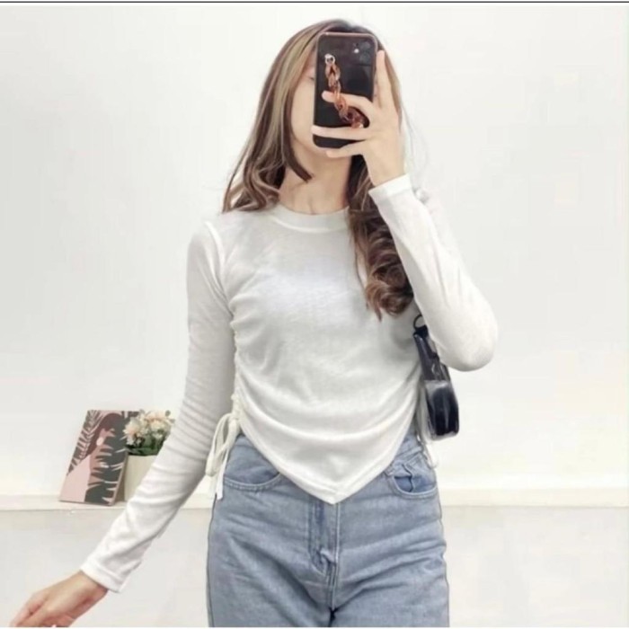 BJ1694 BAJU LENGAN PANJANG KNIT TOP BLOUSE SERUT SAMPING TALI KANAN KIRI FASHION WANITA - Putih, XXL