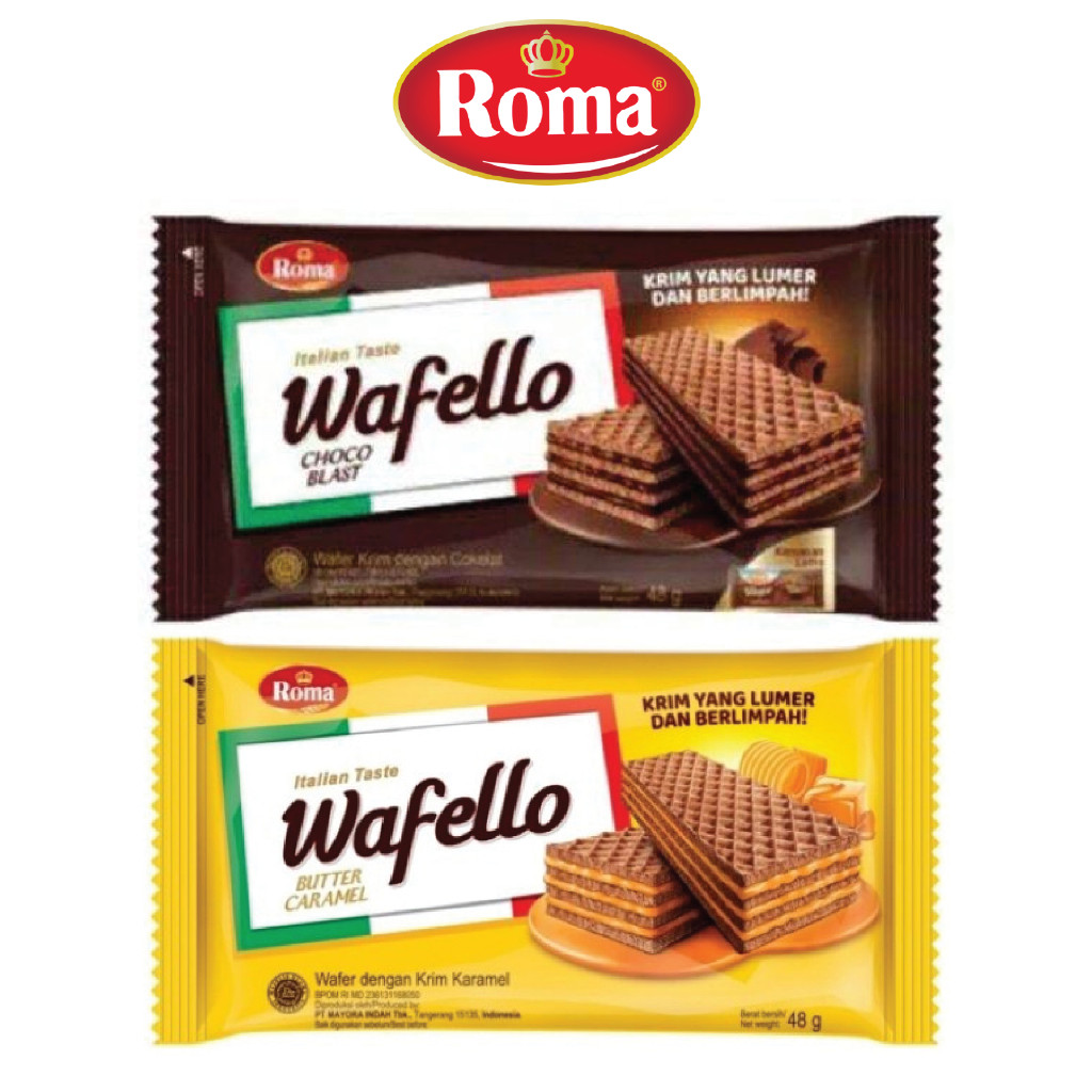 

Wafer Roma WAFELLO Renceng 10 Pcs x 43 Gr dari Mayora Choco Blast / Butter Caramel - pengedarjajan
