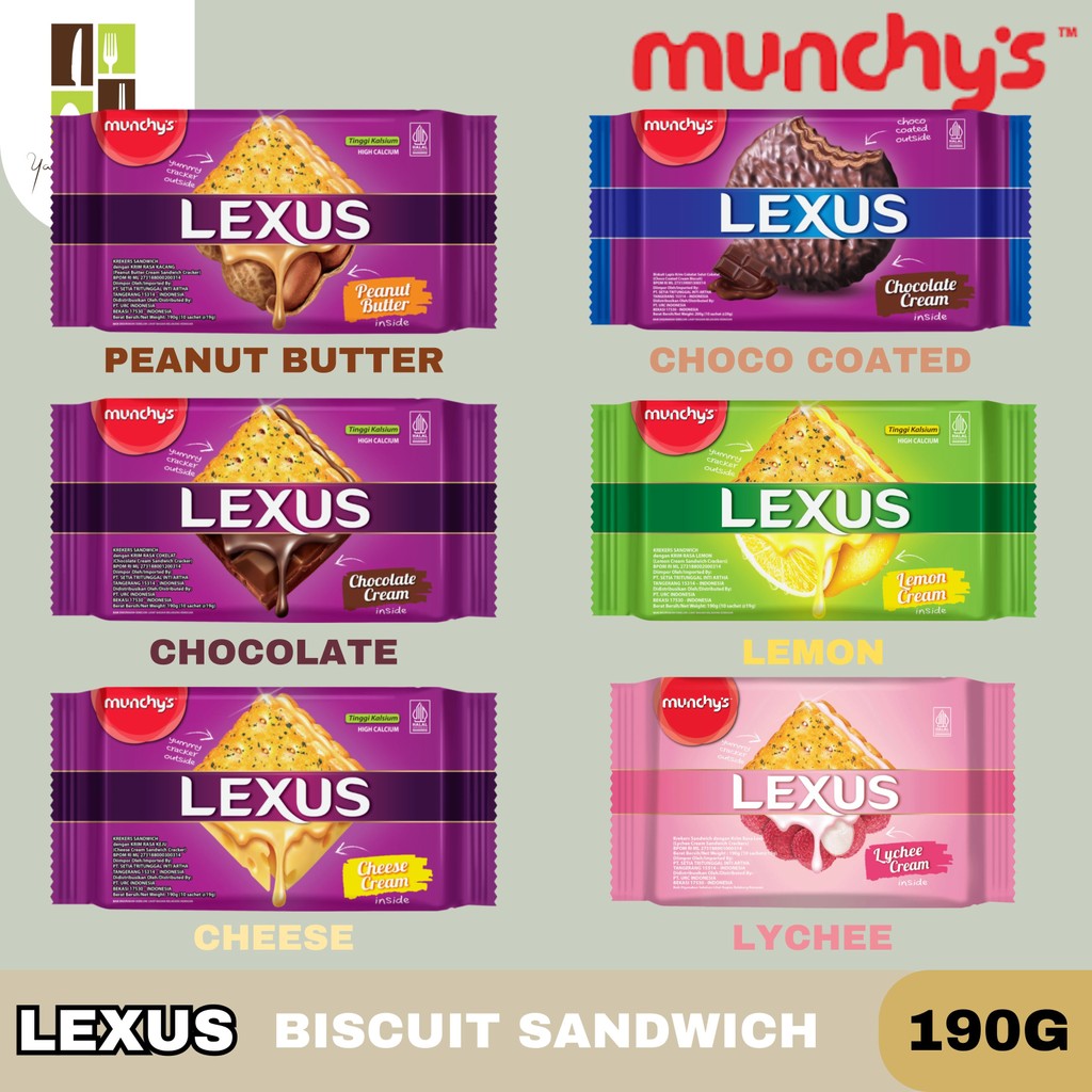 

Lexus sandwich / Cracker / Kue / Kraker / Rasa Cream Chocolate / Cheese / Lemon / Lychee / Choco Coated Munchy's Kemasan 190g