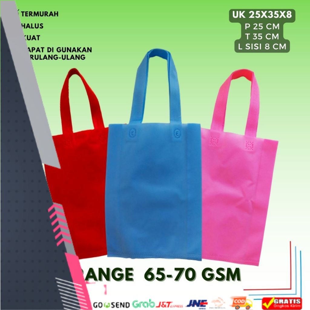 

new 1lusin (12pcs) PaHe ( PAket HEmat ) Goodie Bag Handle uk 25x35x8 kain 70gsm / Tas Spunbond
