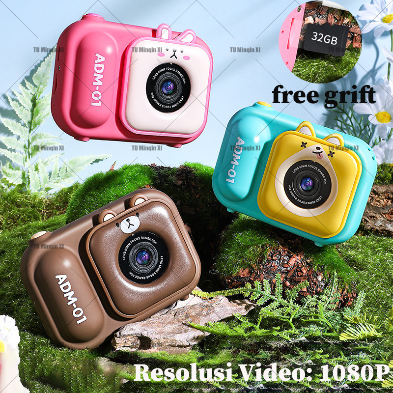 (Kartu Memori 32GB Gratis)Kamera Mini Digital Anak ADM-01 - Resolusi 1080P/96MP Dengan Tripod, Desai