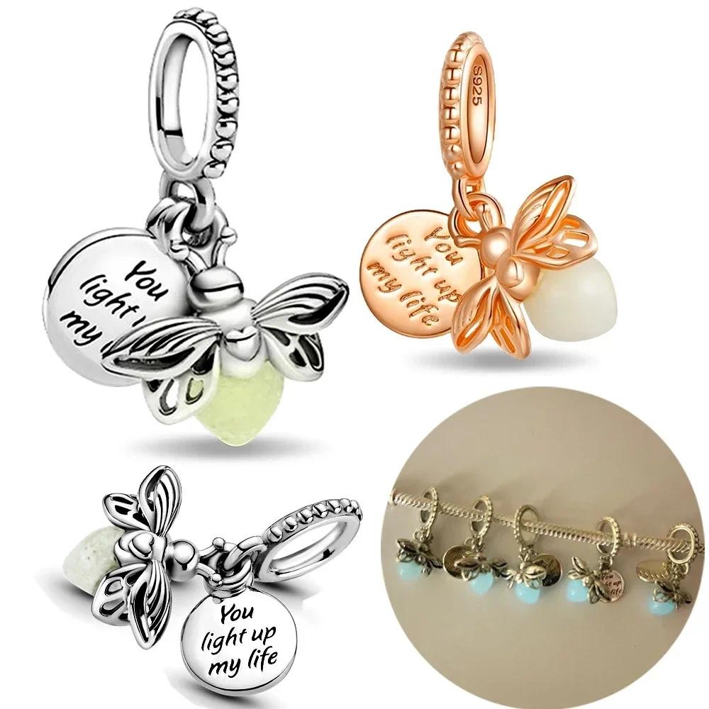 Charms Silver 925 Original  Shiny Luminous Firefly Pendant Fit Pandora Women's Bracelet Necklace Diy