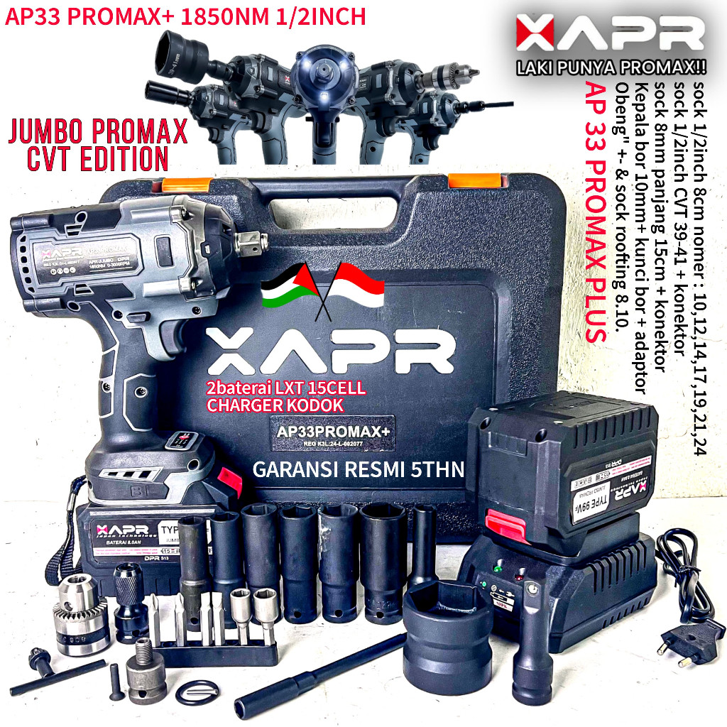 APR JAPAN Bor Impact 1850NM Tipe AP33PROMAX+ 2 Baterai Buka Baut Motor Mobil Dan Truck
