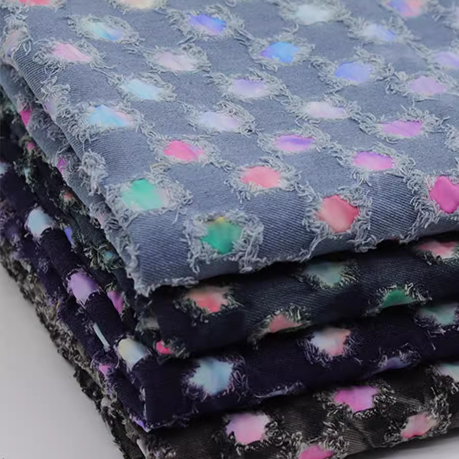 Oil Painting Tie Dyed Punctured Jacquard Denim Fabrics Washed Jeans Fabrics For Sewing Blazer Jacket