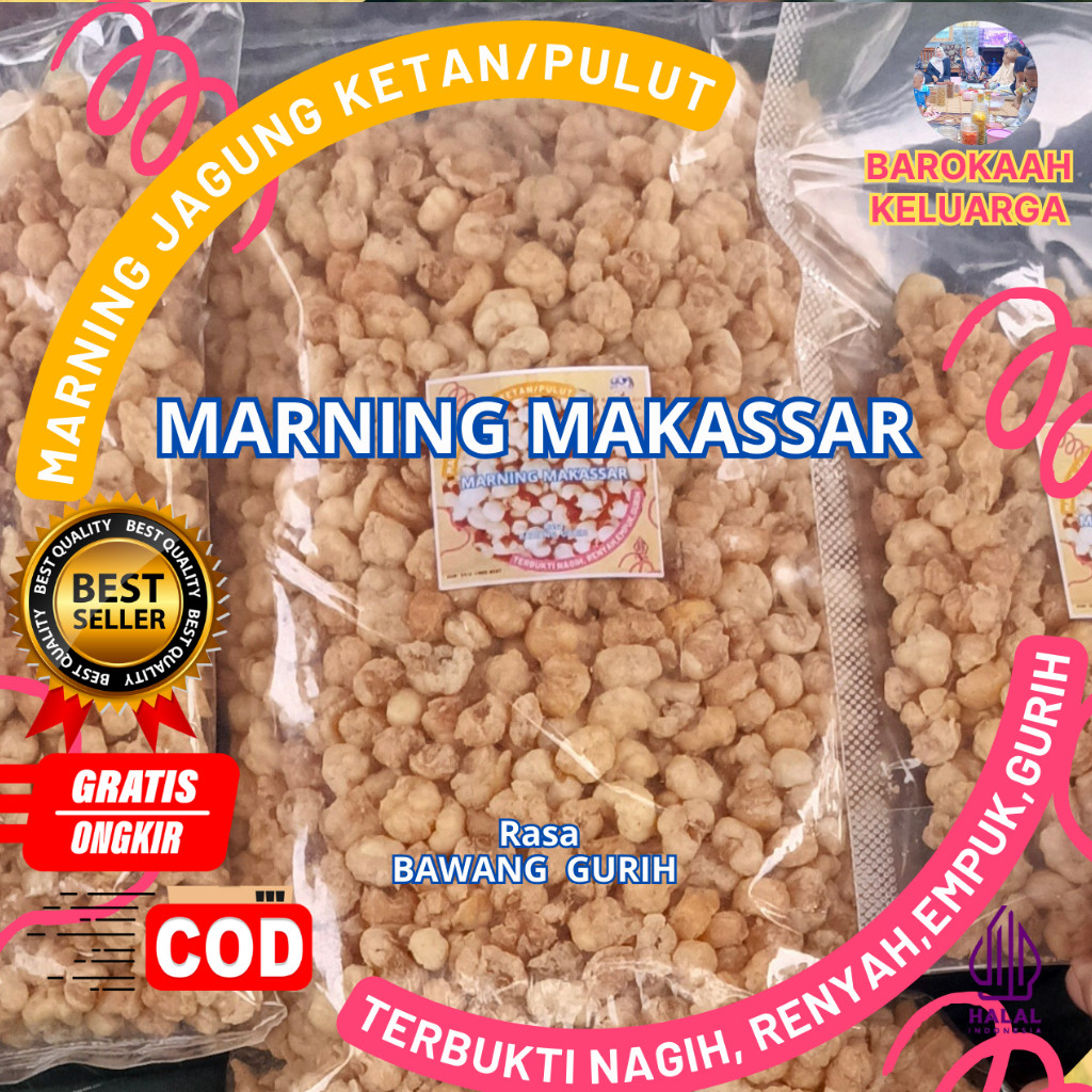 

MAKARONI MARNING SULTAN JAGUNG KETAN PULUT SEPEREMPAT KILOGRAM 100 gr, 250 gr 500 gr, 1KG GURIH BAWANG TERBUKTI RENYAH POOOL, DAN NAGIH BANGET OLEH-OLEH KHAS SULAWESI murah meriah