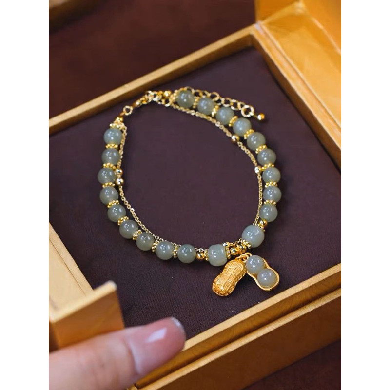 Gelang Tangan Wanita Titanium Premium Gelang Giok Hijau Rumbai Peanut Lapis Emas 18K