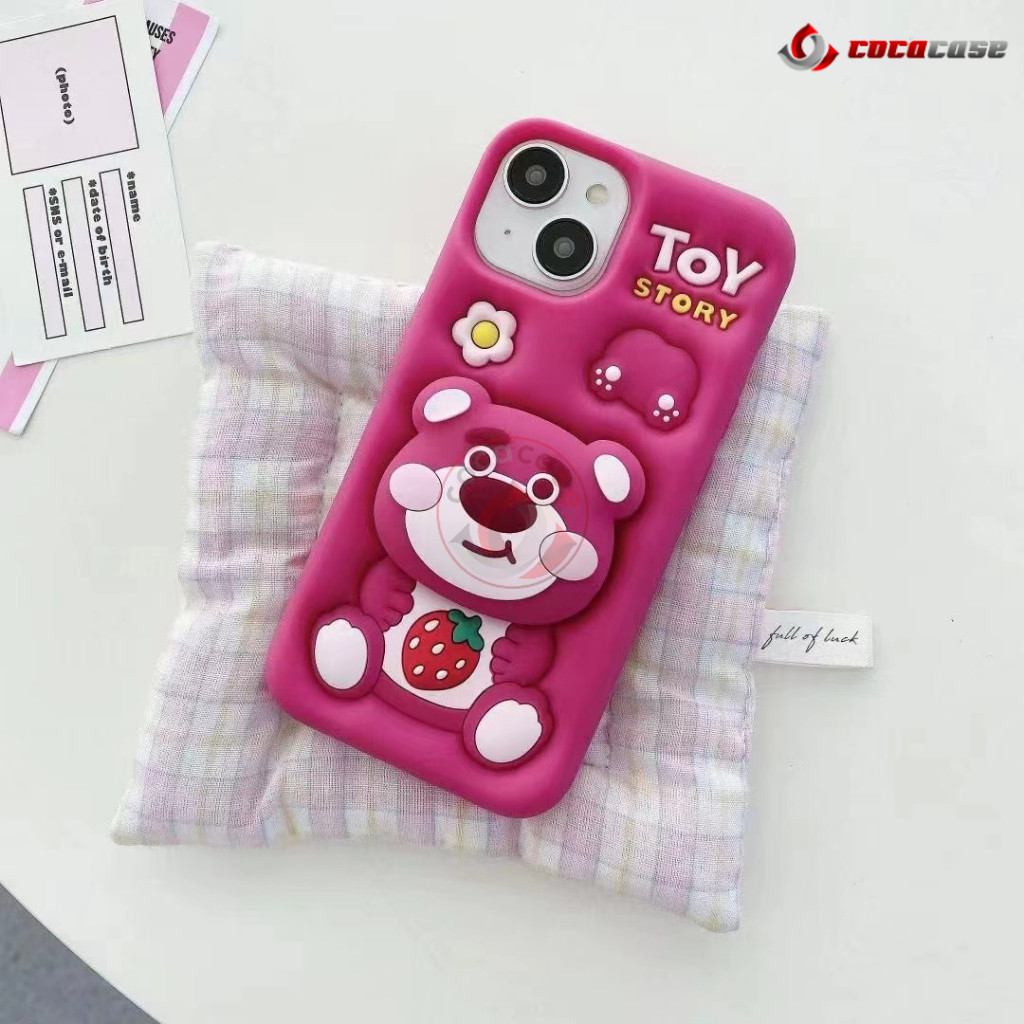 Lotso Strawberry Pink Case 3D Popsocket Iphone 11 12 13 14 15 Pro Max Kids Toy Story Cartoon Griptok