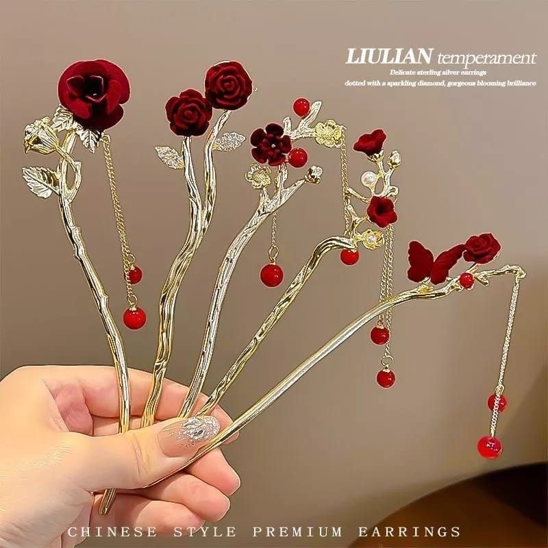 TOKOIMPRTKOREA NEW Tusuk Konde Mawar Merah | Tusuk Konde Sangjit | Tusuk Konde Kawai FASHION