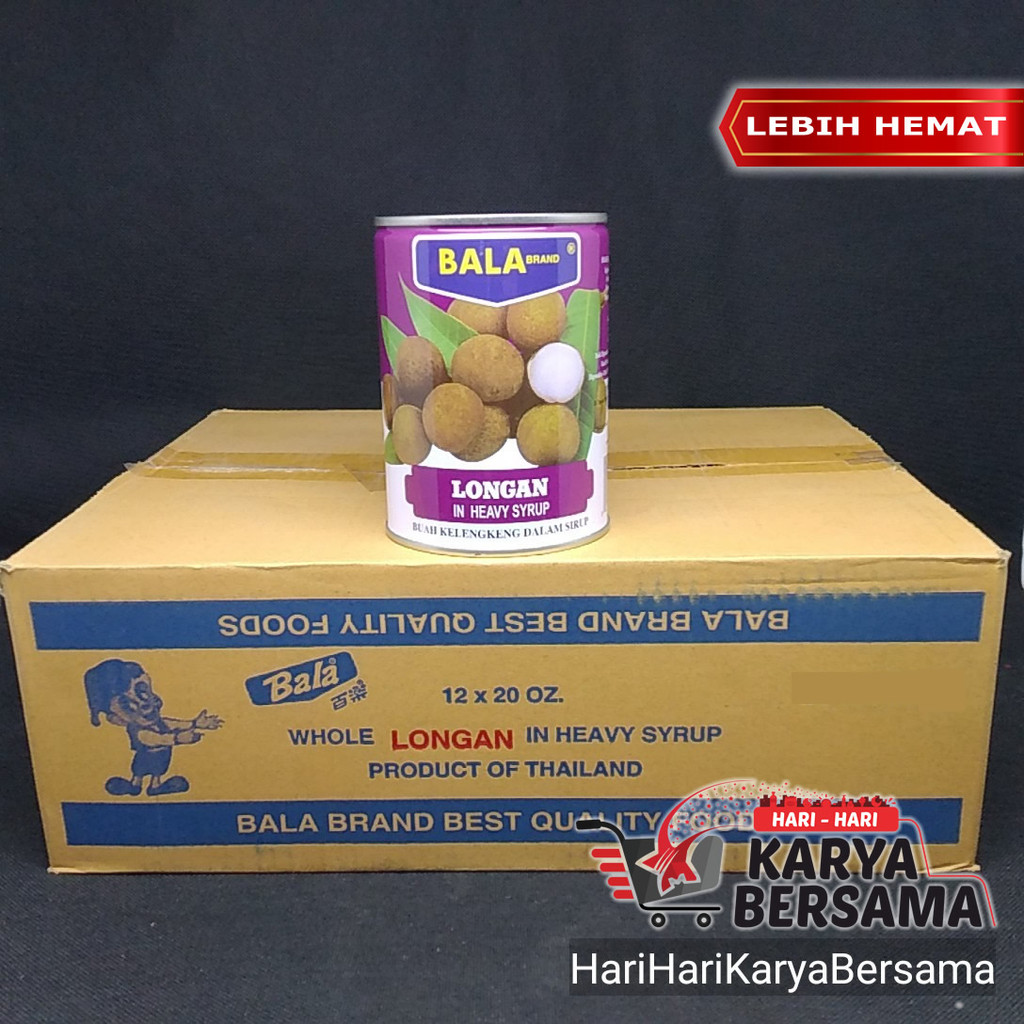 

MAKANAN BUAH KALENG BALA BRAND LONGAN IN HEAVY SYRUP BUAH KELENGKENG PER KARTON 12 PCS X 565GR