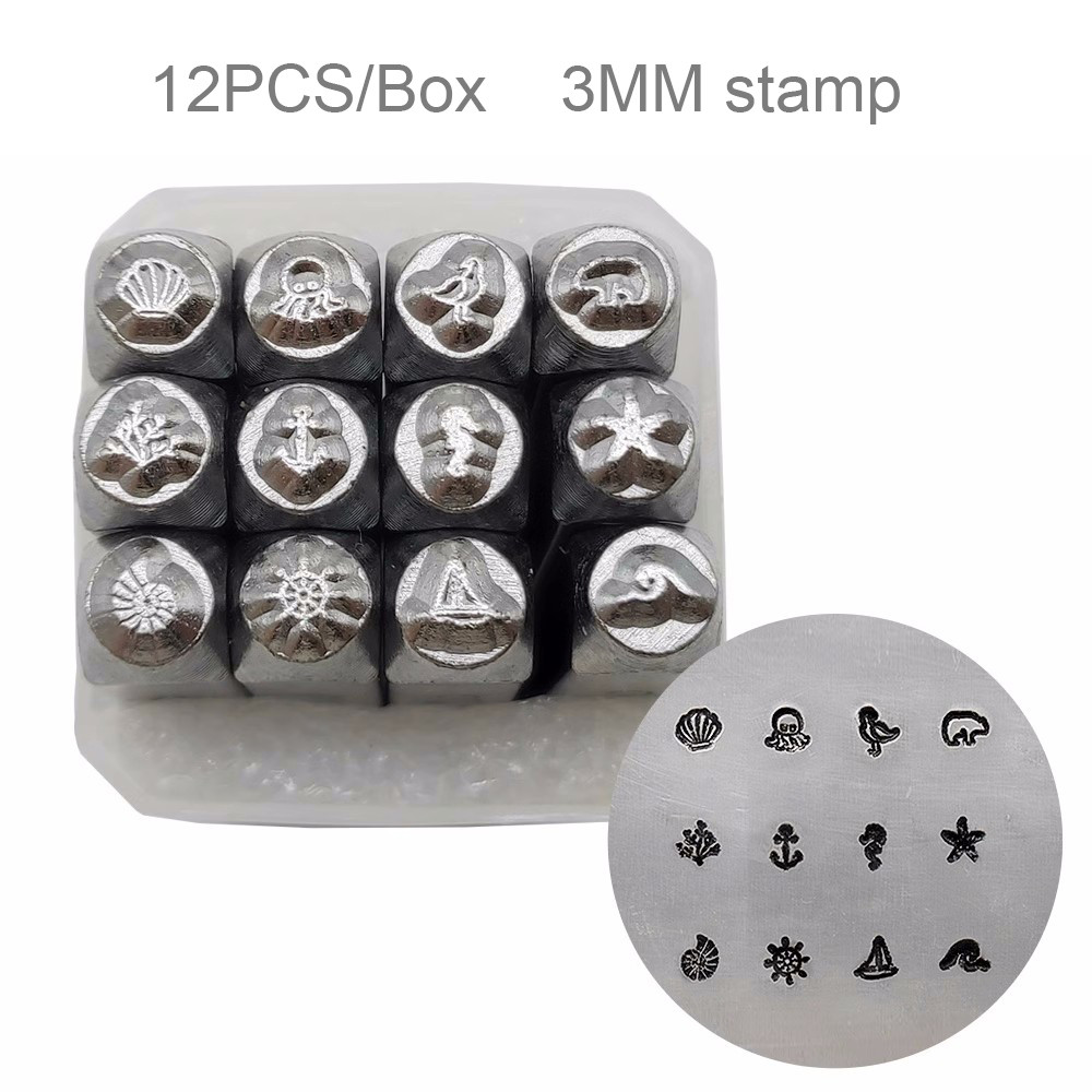 

3MM Starfish Octopus Hippocampus Sailboat wave Pattern Design Steel punch stamp,Metal Jewelry Design Stamps 12pcs/box