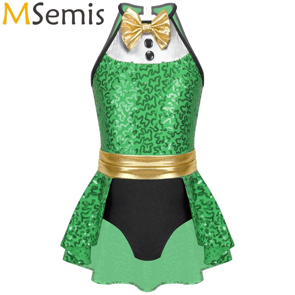 Girls Christmas Holiday Dress Shiny Sequined Ice Skating Tuxedo Leotard Dress Jazz Tap Latin Dance P