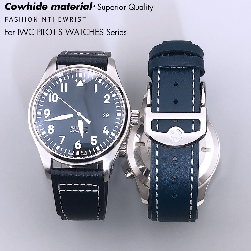20mm 21mm 22mm Leather Cowhide Watchband Fit for IWC Pilot Spitfire princekin Mark TOP GUN Blue Watc