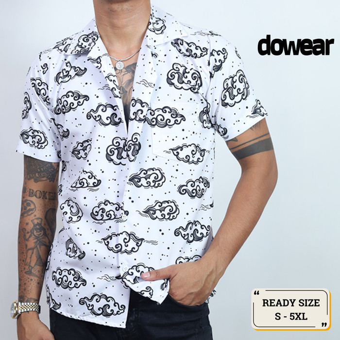 Hem Baju Kemeja Motif Cewe Cowo Motif Full Printing Oversize Pria Wanita Outdoor AWAN PUTIH 189  4XL