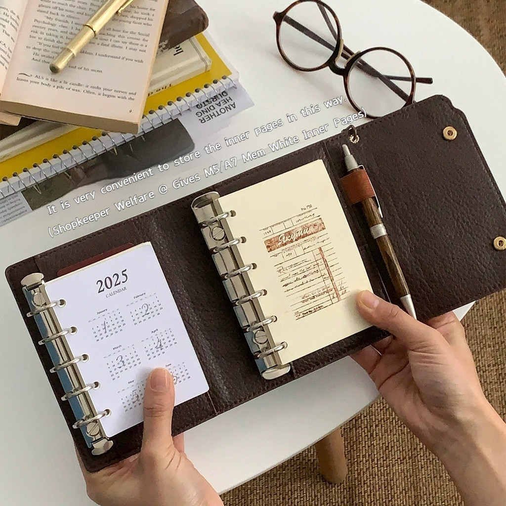 

A7/M5 Three-Fold Binder Notebooks Brwon Retro Soft Leather Books With Inner Page Dual-Use Loose-Leaf Handbooks Fixed And Active