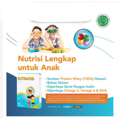 

PAKET 1 KARTON/4 PCS ENTRAKID VANILA COKLAT 185GR PENAMBAH GIZI ANAK 185 GR TINGGI KALORI SSKD
