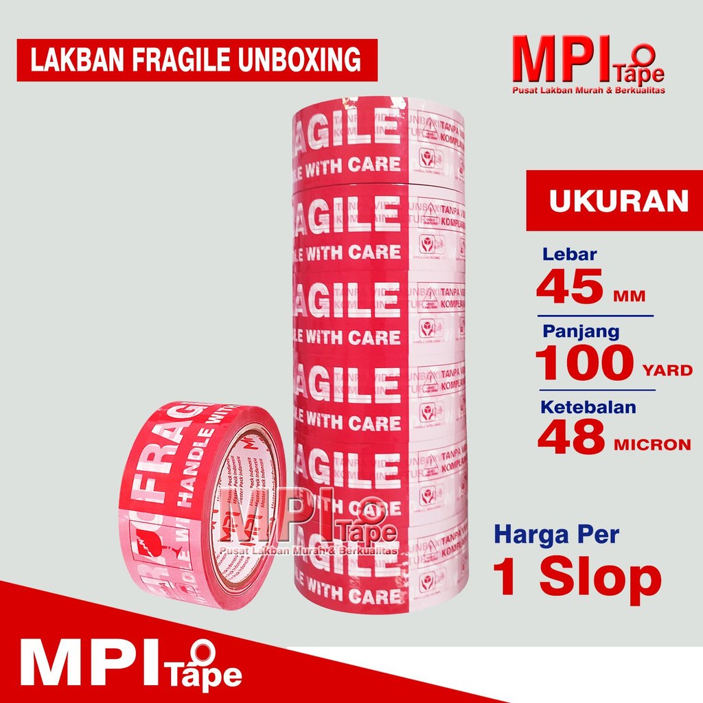 

1 Slop / 6 Pcs - Lakban Fragile Merah Putih 45 mm x 100 Yard - Lakban Fragile Unboxing - MPI