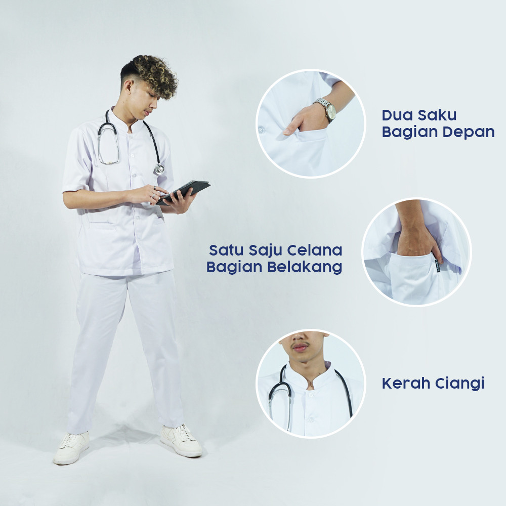 new LINCURT - Baju Perawat Putih Set Klinik Rumah Sakit Pria Lengan Pendek
