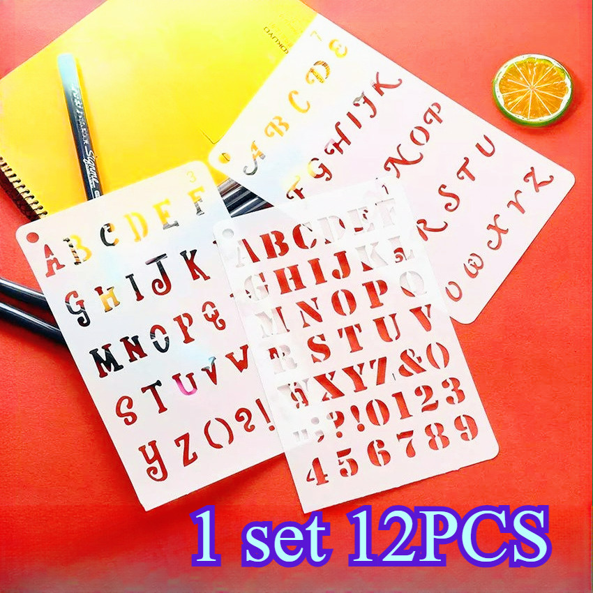 

12Pcs/Set Template Huruf & Angka Edukatif - Penggaris Sablon ABC A-Z & 0-9 untuk Belajar Anak (Bahan PVC Tahan Lama)