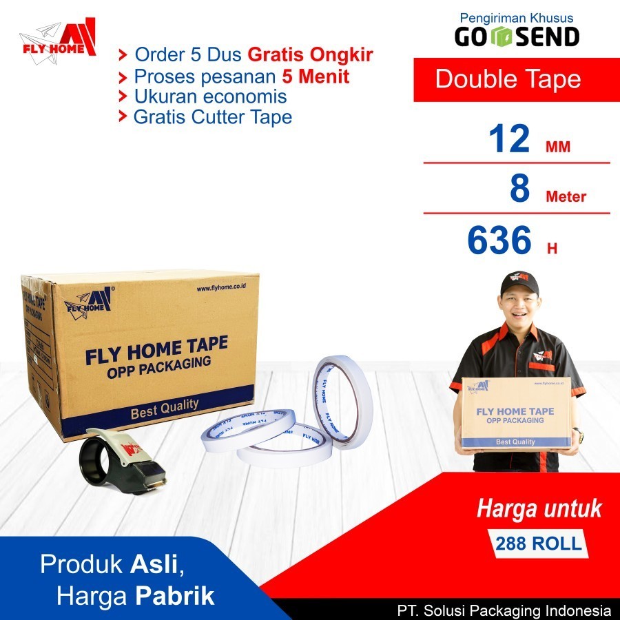 

FLYHOME Double tape 12mm x 8meter 1 dus hotmel 288 roll ukuran Full Instan