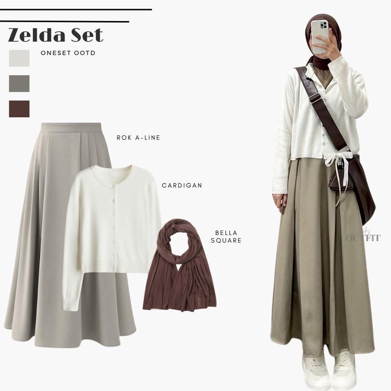 Outfit Wanita Hijab ( Cardigan + Rok Payung + Pashmina ) One set OOTD Bukber Lebaran - Zelda