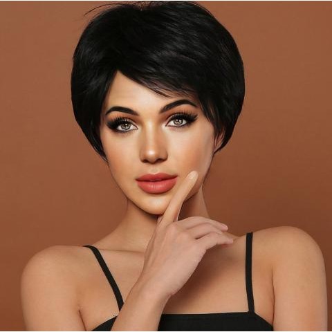Wig Wanita Rambut Pendek Poni Samping - Wig Rambut Pendek Lurus - Hitam