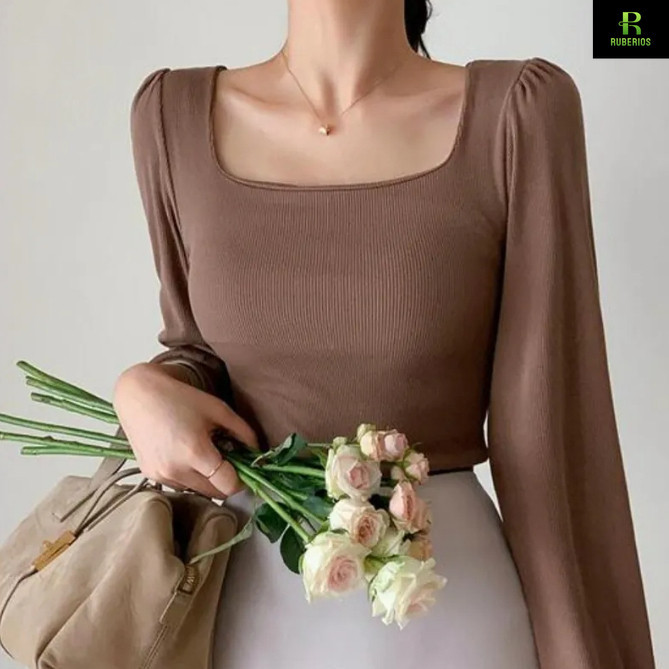 99kOUTLET Square Neck T-Shirt Plain Long Slevee 3342 (S/M/L/XL)