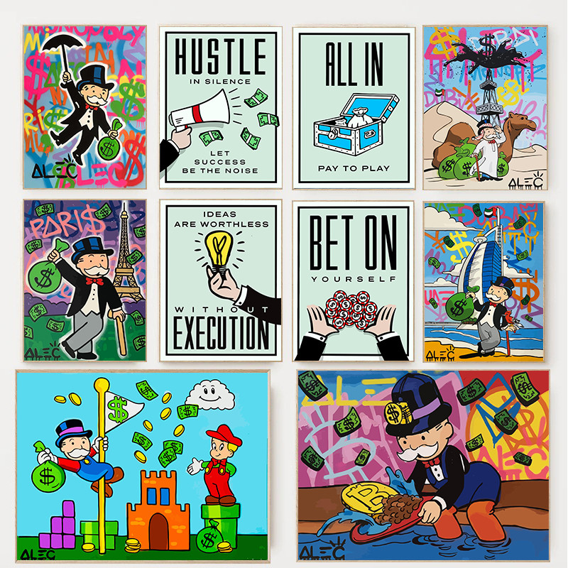 

Painting Graffiti Alec Humor Monopoly Million Money Street Posters Strategy Board Game Canvas Paintings Wall Art Home Decoration