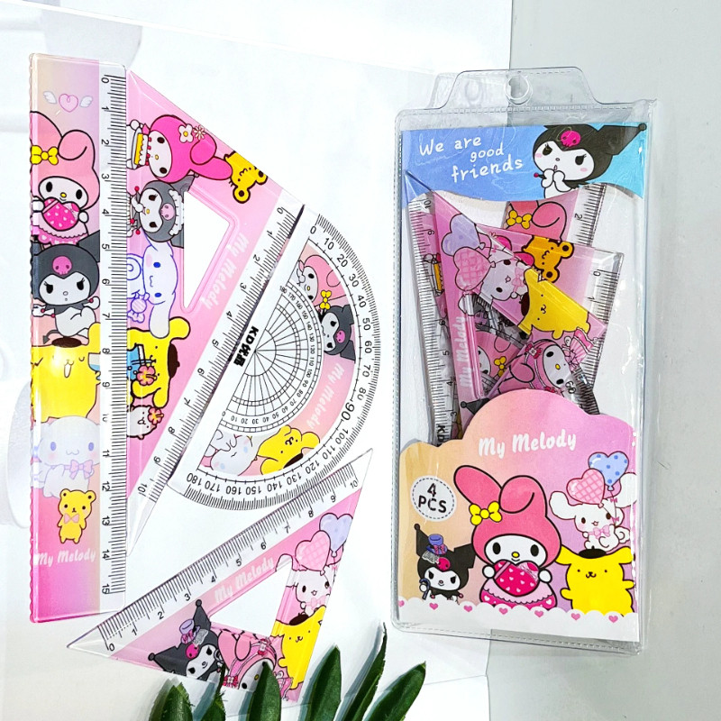 

Cartoon Student Ruler 4 Piece Set Kawaii My Melody Kuromi Triangular Plate Protractor Measuring Ruler Stationery Set Gift