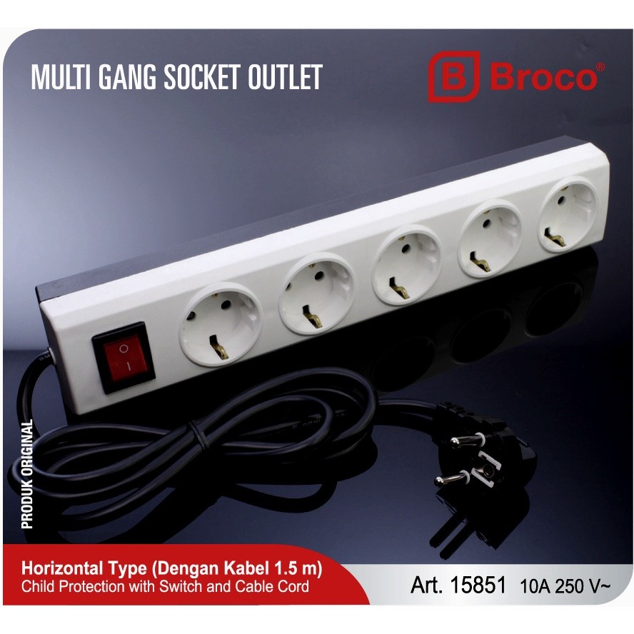 Stop Kontak BROCO / Terminal BROCO + Kabel 1.5Mtr + Saklar BROCO 5 Lubang Putih  - 15851 Ori