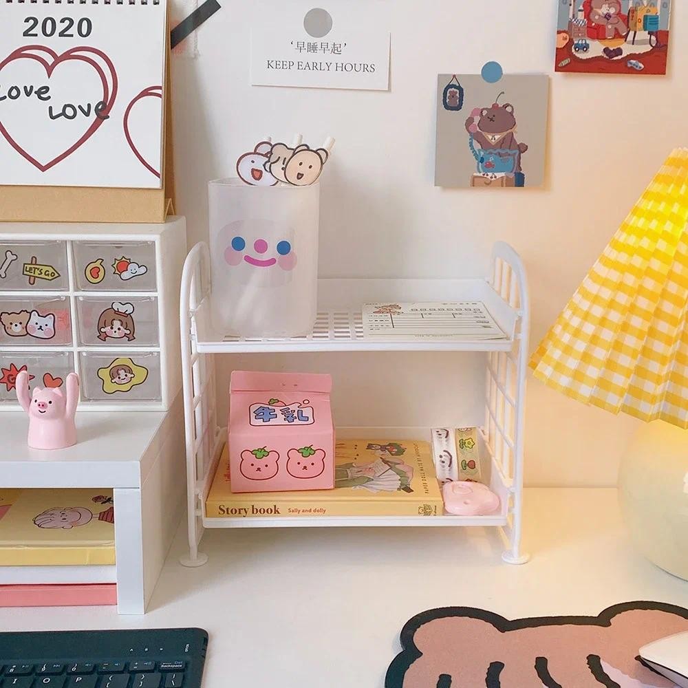 

Double-Layer Desk Organizer Shelf Office School Supplies Home Dormitory Desktop Stationery Foldable Cosmetic Holder Shelves Rack