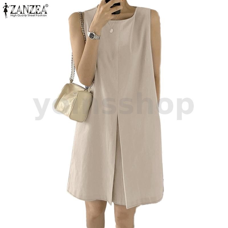 ZANZEA Women Korean Casual Round Neck Sleeveless Summer Dress Presale