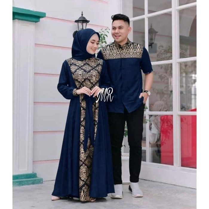 "WY.SY" -  TERLARIS Gamis Batik Kombinasi Polos Terbaru 2022 Modern Couple Baju Muslim - Navy, M