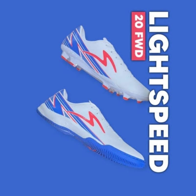 SEPATU BOLA FUTSAL SPECS LIGHTSPEED 20 FG IN WHITE PALACE BLUE CHERRY TOMATO NEW