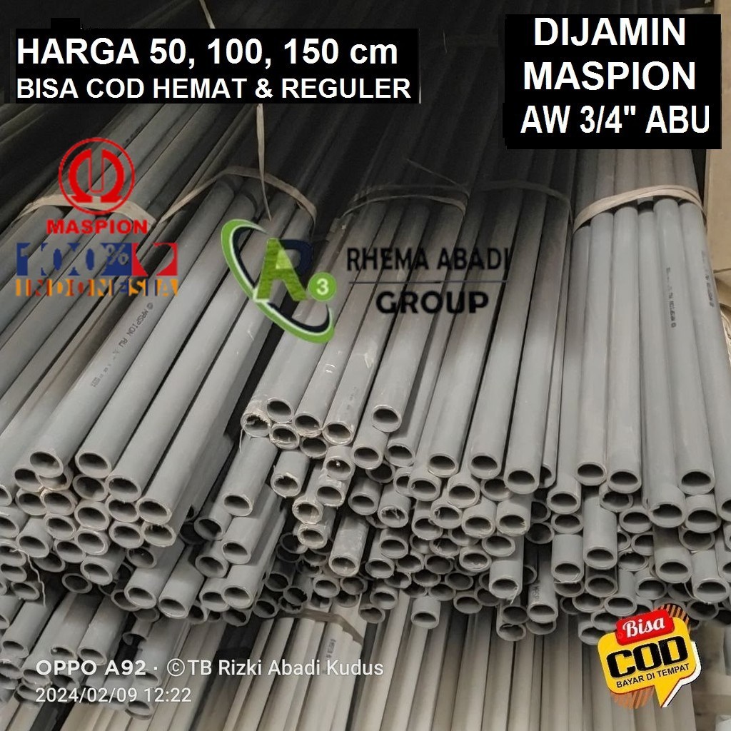 Pralon Pvc Pipa Air MASPION AW 3/4" inch ABU (26mm) Paralon Harga Per meter 100 cm