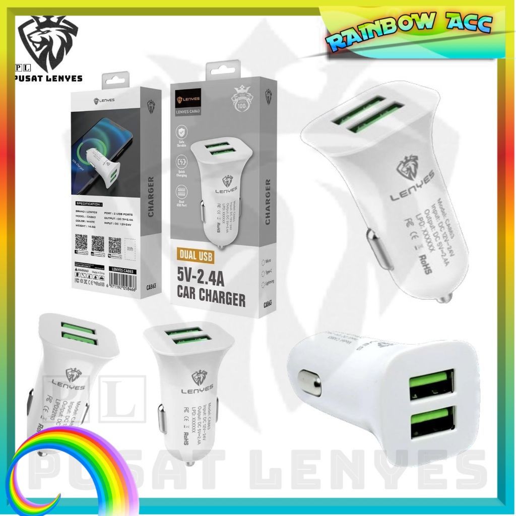 (RACC) CA863 - Car Charger Lenyes CA-863 2.4a 2USB batok saver Car Adapter Mobil casan handphone ori