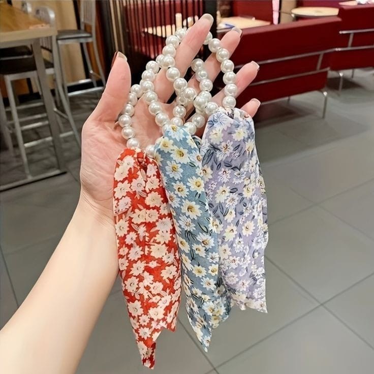 SMP Ikat Rambut Mutiara Pita Motif Bunga Wanita Cantik Ikat Rambut Anak Pita Panjang