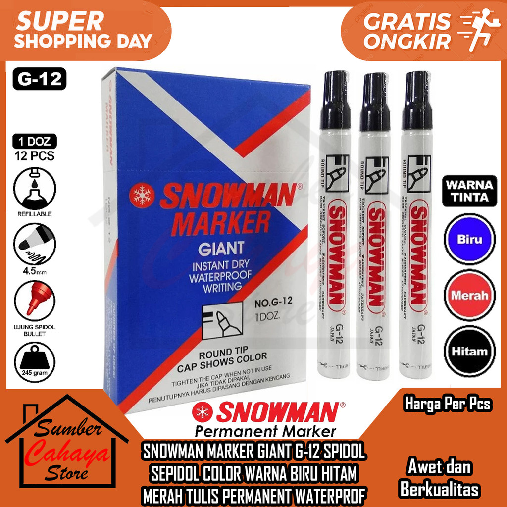 

Spidol Snowman Marker Giant G 12 G-12 Permanent Permanen Waterproof Anti Tahan Air Snowmen Sepidol Warna Hitam Biru Merah Satuan Per Pcs Bolpen Balpen Ball Point Pen Pena Bolpoin Kantor Sekolah Alat Papan Tulis Balpen Lancip Luncip