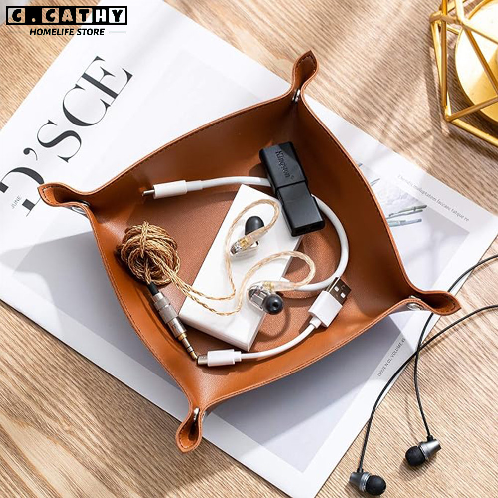 

Leather Tray Foldable Table Catchall Storage Box Jewelry Key Coin Desk Top Organizer Entryway Nightstand Home Office Decoration