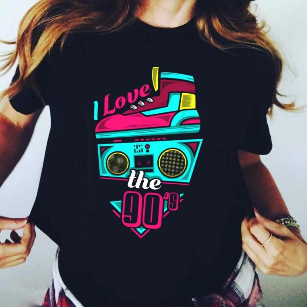 【SJK】【LHL】Saya suka pakaian pop vintage dari tahun 80-an fashion klasik kaos leher bulat wanita katu