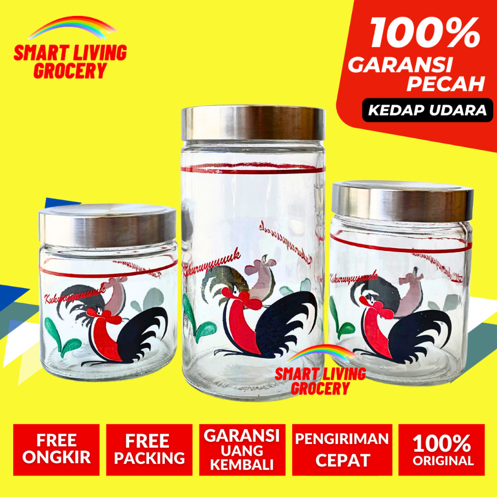 TOPLES KACA MOTIF AYAM JAGO 1 LITER OPLES BOTOL JAR TEMPAT WADAH PENYIMPANAN KEDAP UDARA LEBARAN TUT