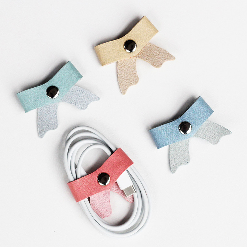 1Pc PU Leather Bow Data Cable Organizer Cord Winder Straps Earphone Wrap Winder Tidy Storage Cable H