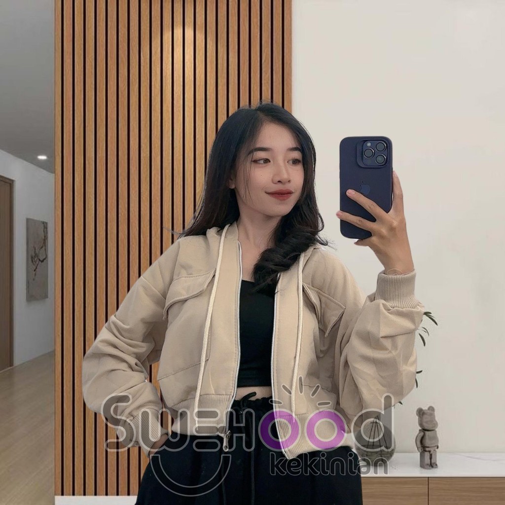 Calista Premium Ld 110 (M-L) & Ld 120 (XL) - Jaket Sweater Hoodie Zipper Crop Atasan Wanita Kekinian