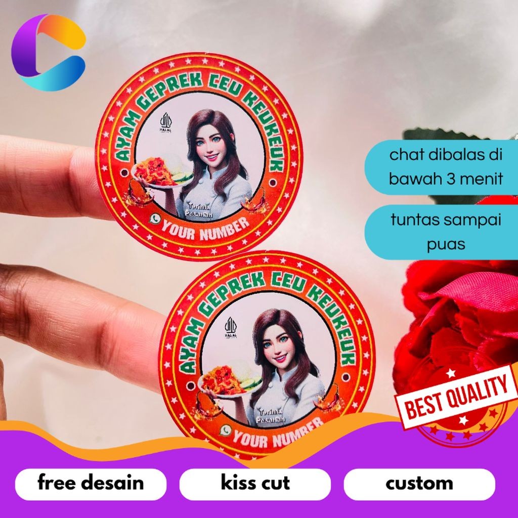 

Cetak INC 5-8 Ready Stiker Label Makanan Berat Ayam Geprek Goreng Sticker Bulat Free Desain Custom