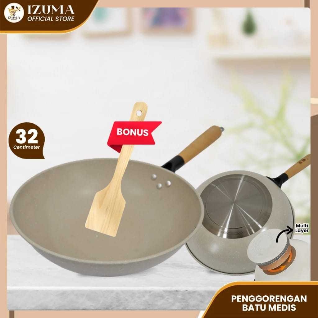 JAKLUIS_SHOP WAJAN PENGGORENGAN BATU MEDIS 32CM ANTI LENGKET/Wajan Penggorengan Anti Lengket