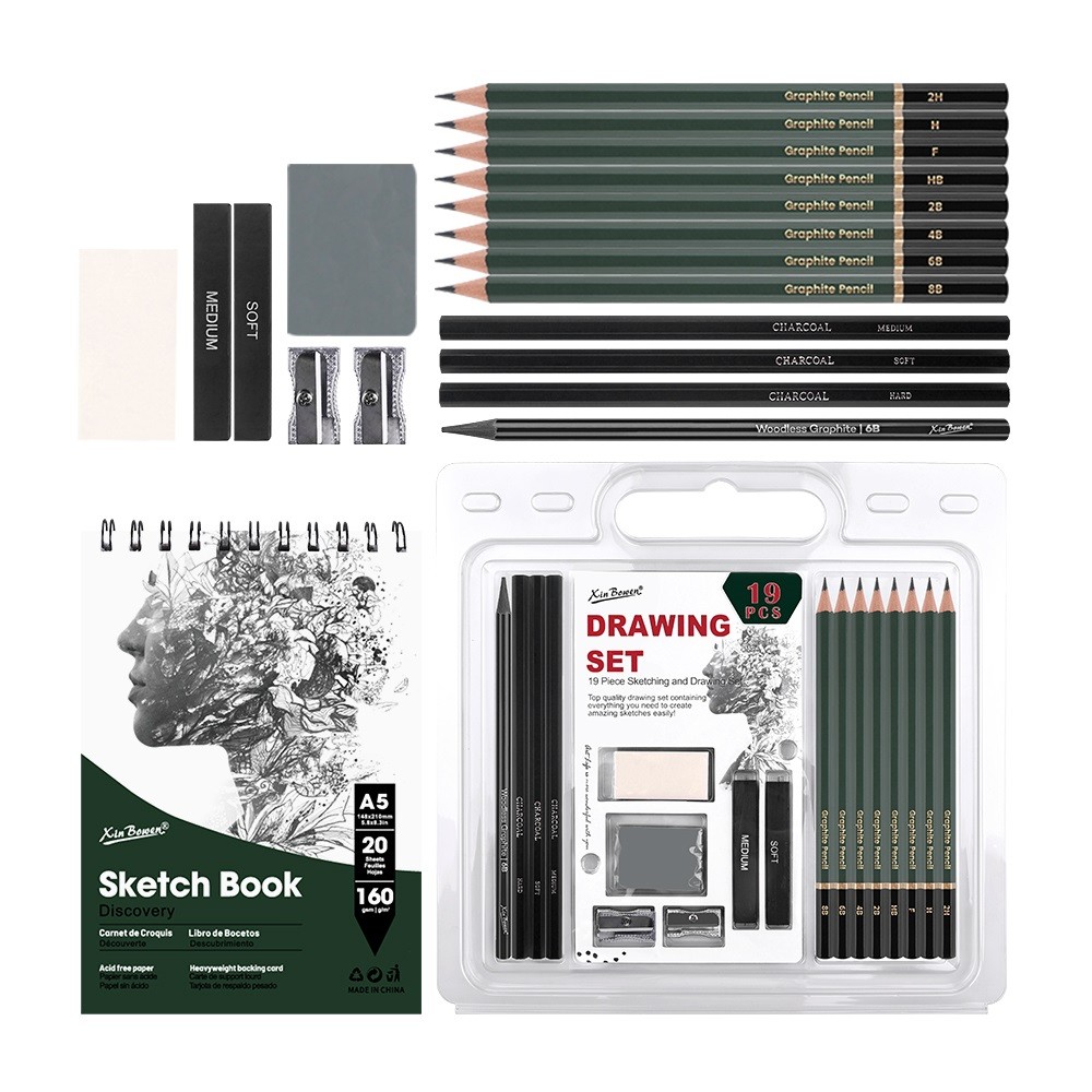 

19-Piece Sketching Drawing Art Set for Students Includes Woodless Graphite Charcoal Pencils Erasers Charcoal Sticks Sketchbook