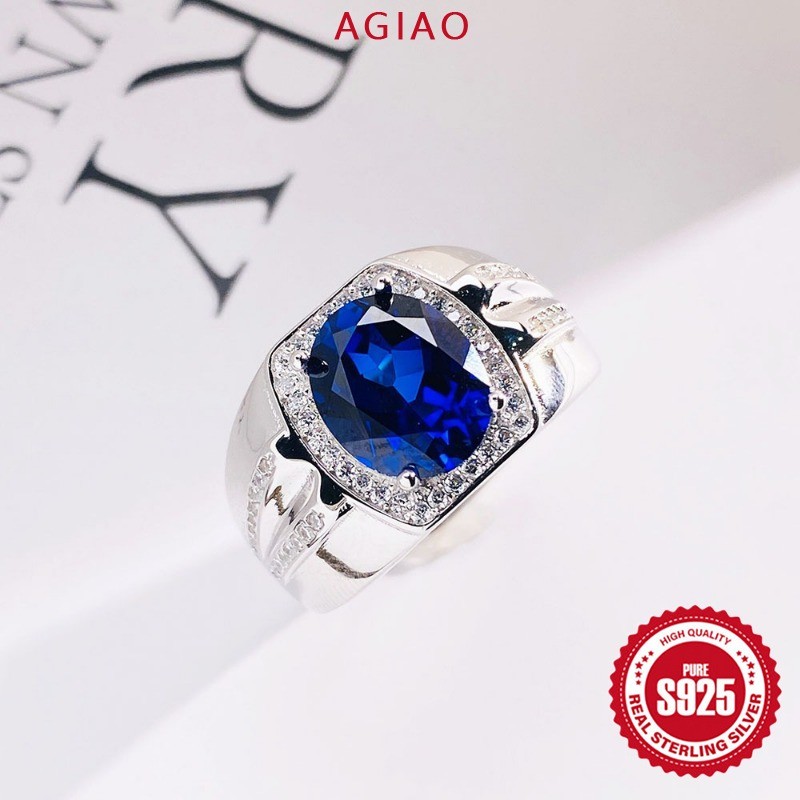 AGIAO Cincin Berlian Platinum Zirkon Oval Kristal Biru Fashion Trendy Pria