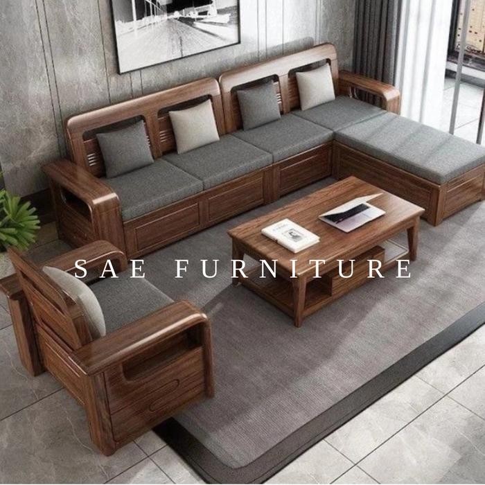 SAE FURNITURE set kursi sofa ruang tamu minimalis kayu jati modern model leter L sudut meja tamu ter