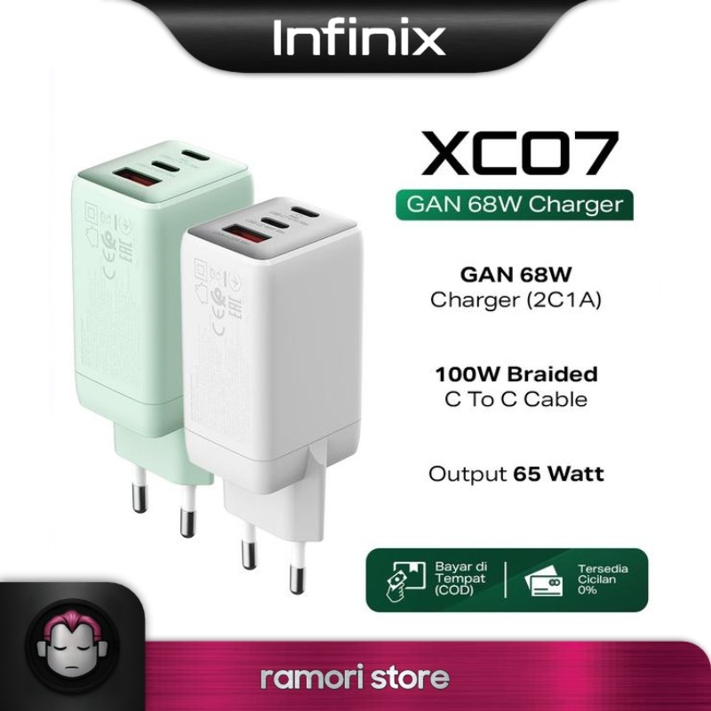 Infinix Charger Kit XC07 - Gan 68W Charger - 2C1A - 100W Braided C to C Cable - Output 65W - White