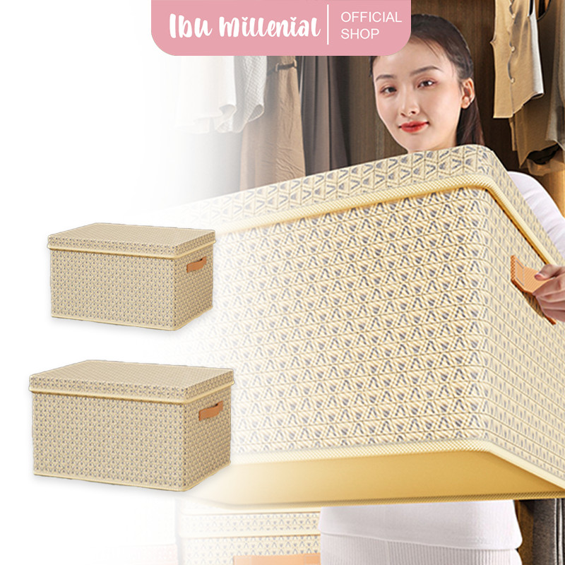 IBUMILLENIAL Storage Box Organizer Tempat Penyimpanan Pakaian Selimut Lipat Motif Dengan Tutup STO03