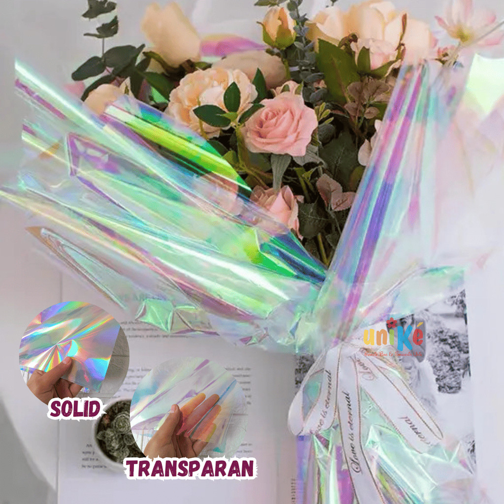 1Pc - Kertas Cellophane Buket Hologram FLOWER WRAPPING Perlengkapan Buket Bunga Bening & Solid